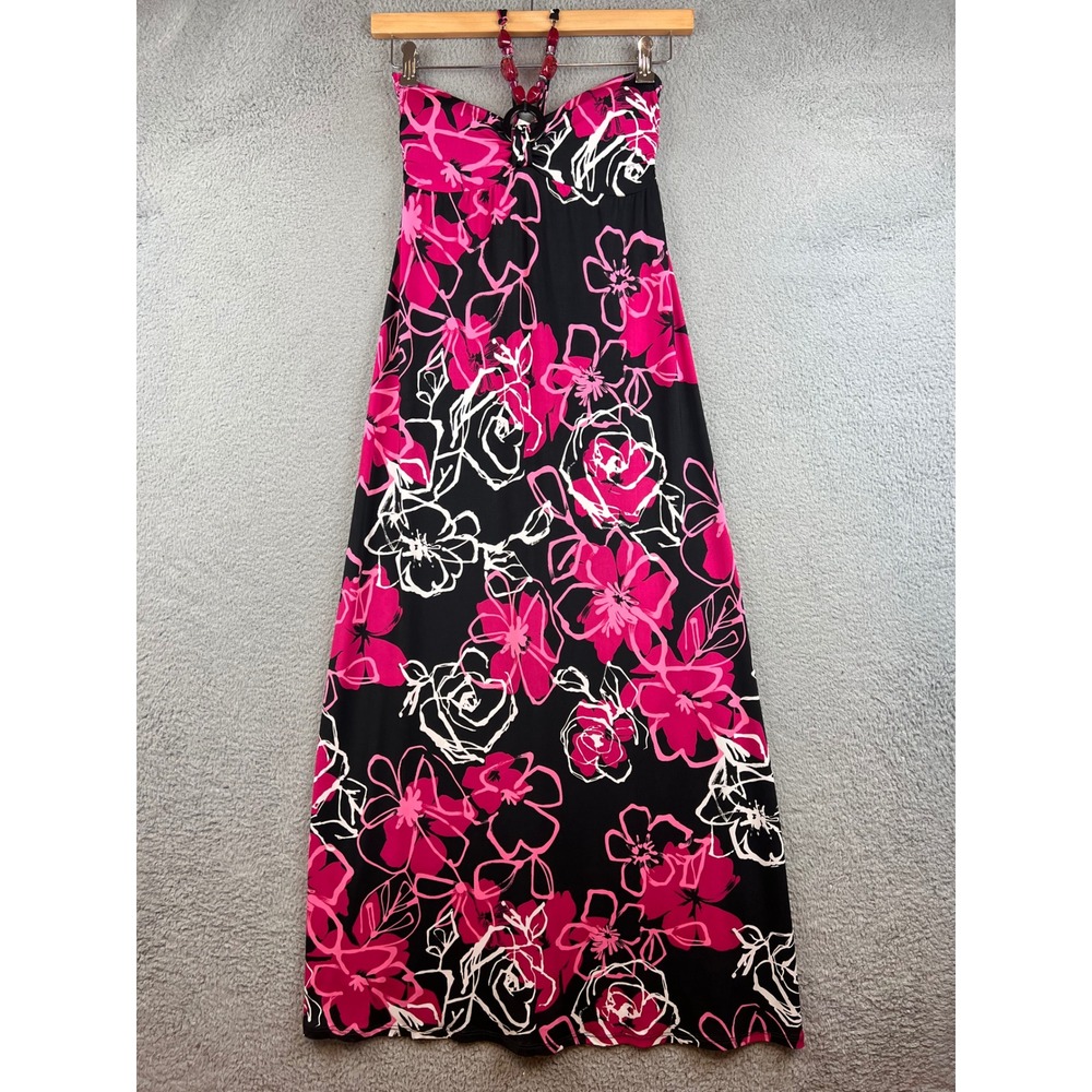 Y2K Kisses & Hugs Pink Black Floral Beaded Halter Maxi Dress Small  Made in USA